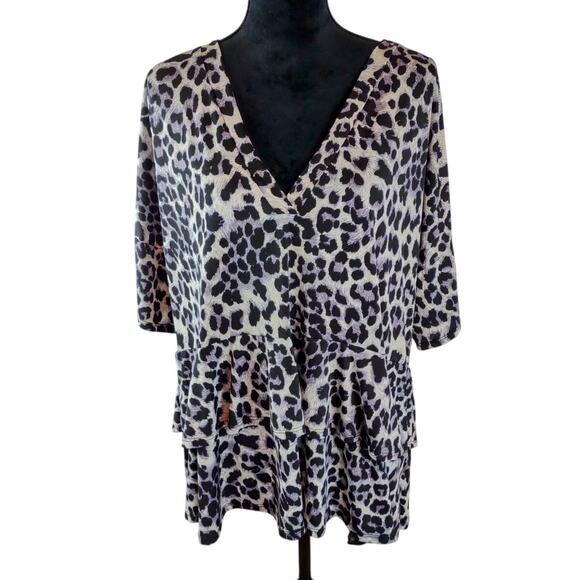 SEW IN LOVE Women's Blouse 3X Animal Print Ruffled Black Cream Lightweight - Picture 1 of 4